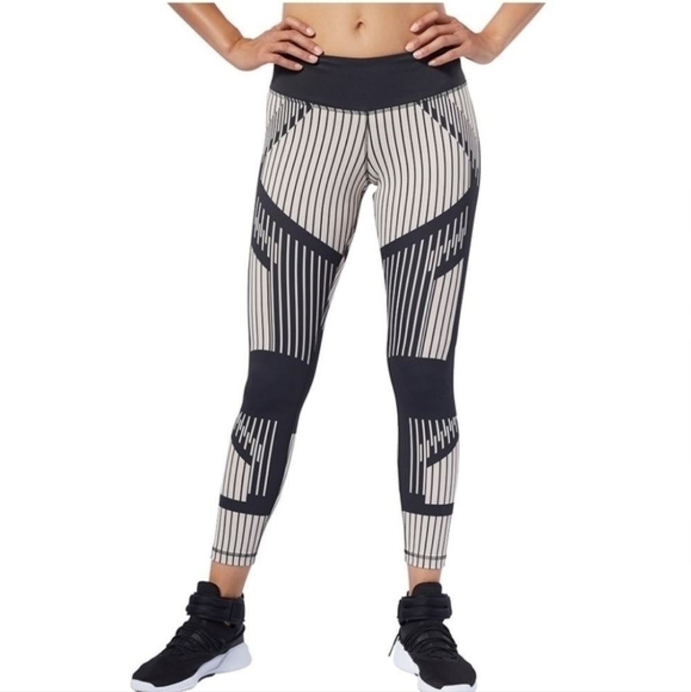 Reebok Women's Cardio‎ Lux Bold 2.0 Moto Stripe 7/8 Black Beige Small